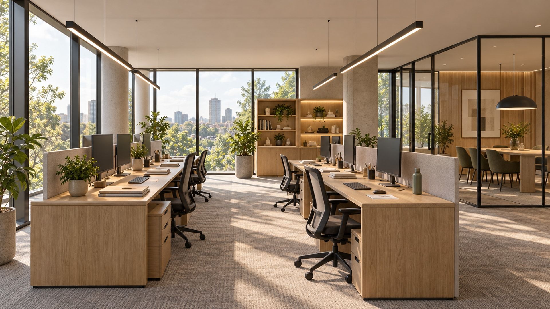 Hypothetical office bay showing ceiling lights, monitors and perimeter glazing from near seated height.