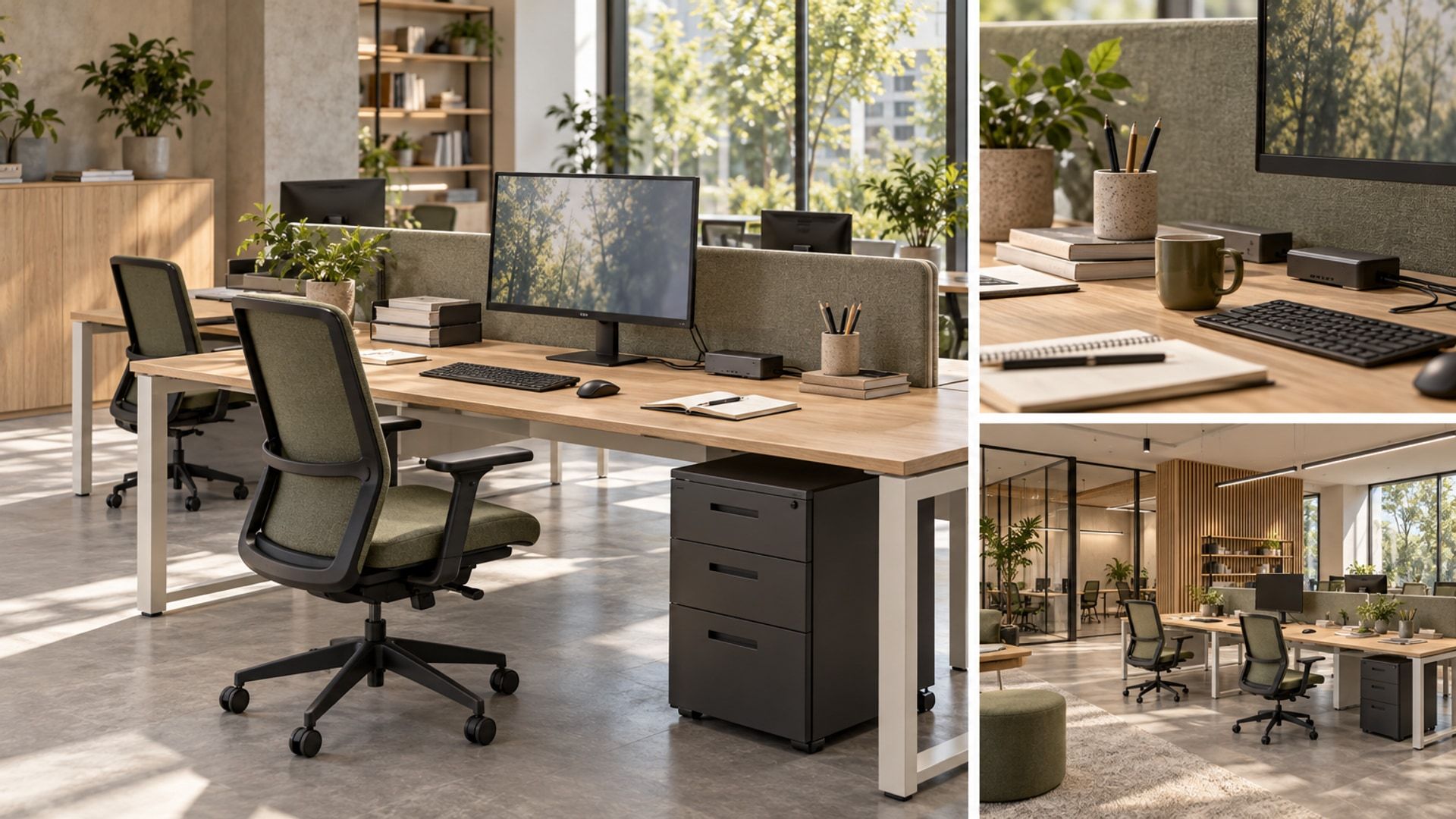 Hypothetical shared workstation with a task chair, monitor, external keyboard and clear space beneath the desk.