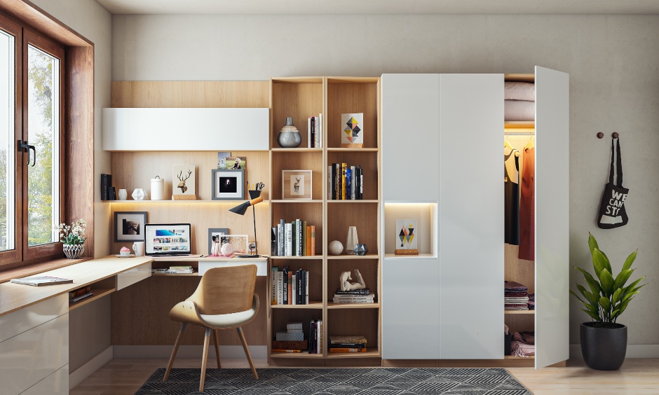 l shaped home office images with attahced bookshelf
