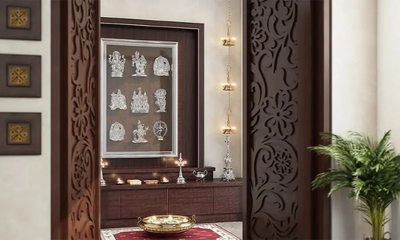 Traditional Pooja Room Designs With Accent Doors n